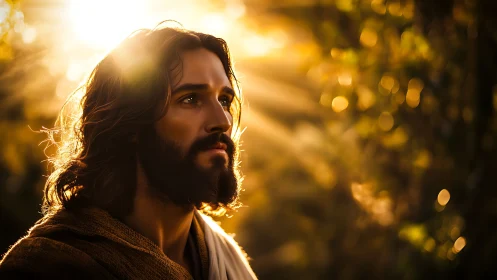 Portrait of bearded man in golden backlit forest glow.