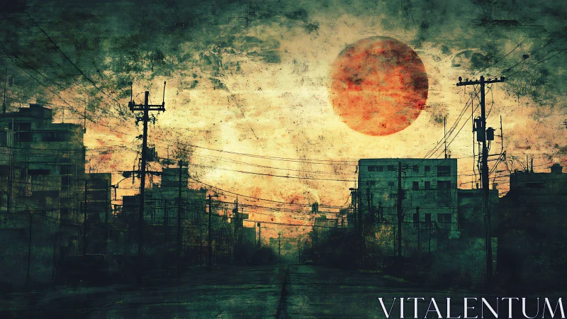 Dystopian boulevard under twin suns with grunge overpainted sky