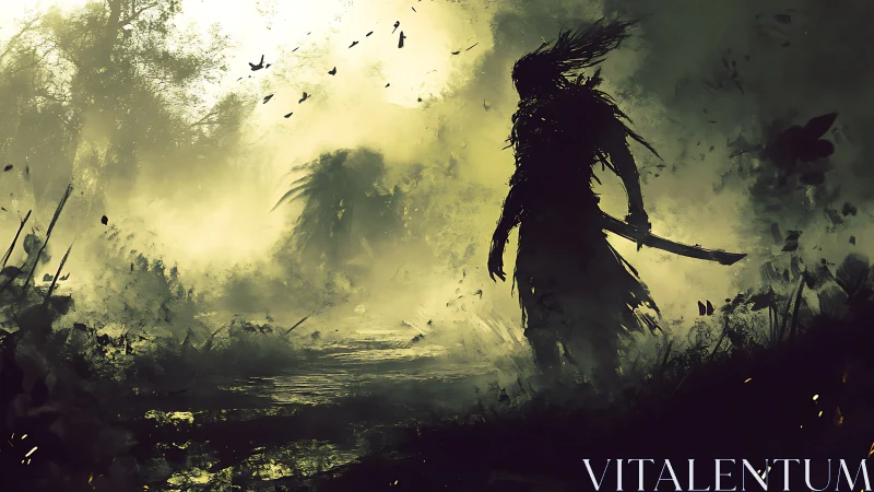 Silhouetted warrior with sword in dense misty forest.
