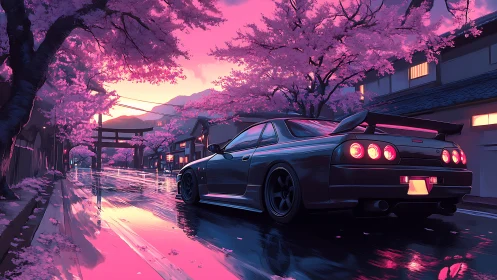 Sports coupe on wet street under pink cherry blossoms.