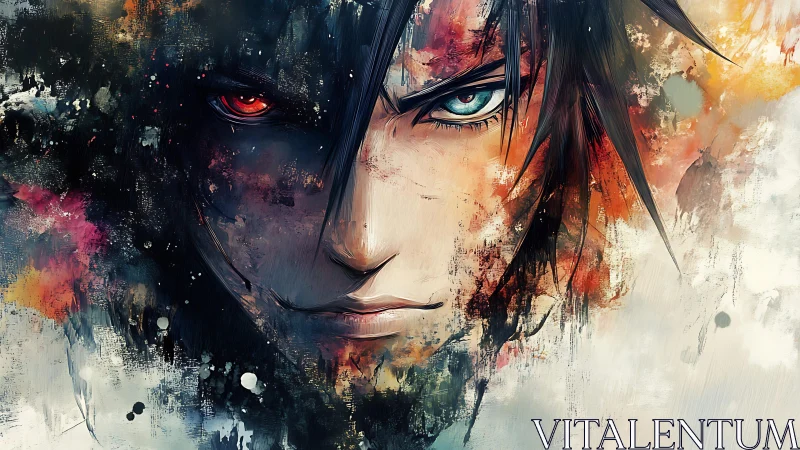 Split-eyed anime portrait is rendered in textured digital paint