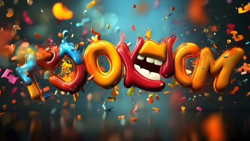 Vibrant 3D Cartoon Letters with Animated Mouth and Confetti Burst.