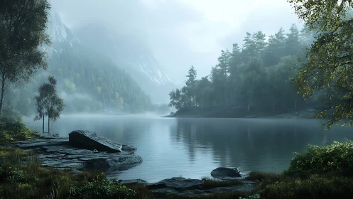 Mist-draped mountain lake cradled by brooding pine forests.