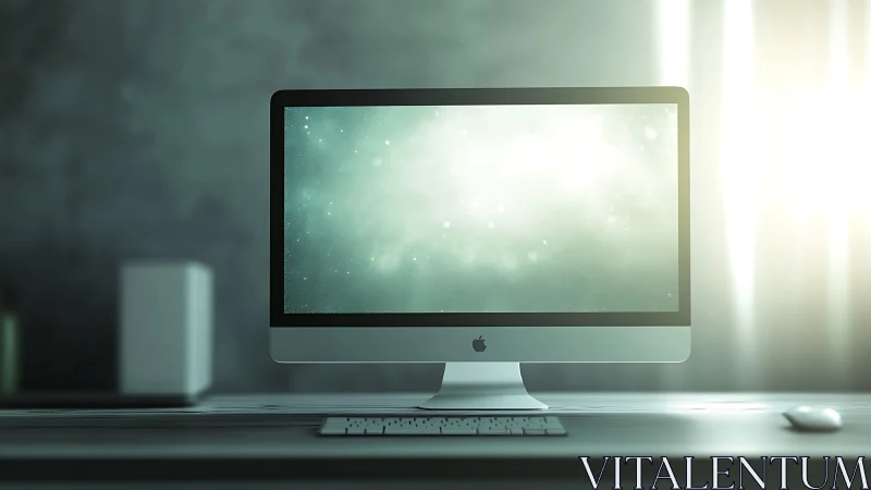 Photorealistic desktop computer with luminous minimal screen.