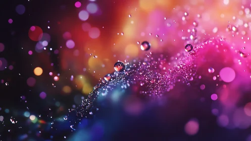 Glittering droplets surf cosmic neon waves in velvet night