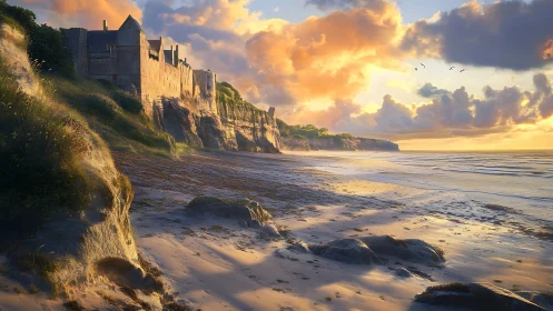 Coastal fortress on tidal shore at low-sun golden hour light.