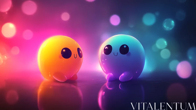 Two glossy blob characters sit in neon bokeh lighting