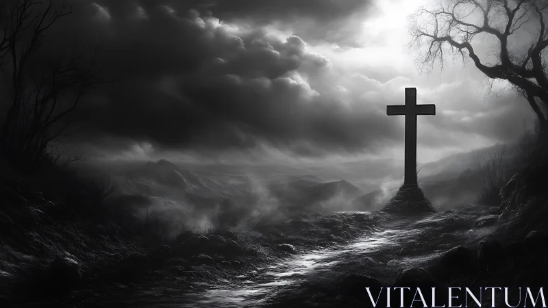 Solitary stone cross dominates a storm-laden monochrome landscape