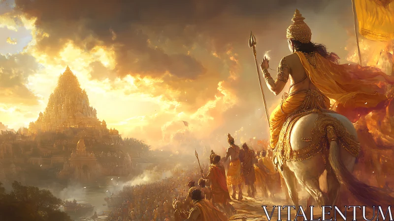 Golden cavalry procession advances toward radiant temple citadel