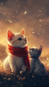 White Cats in Golden Hour Glow with Luminescent Particle Effects