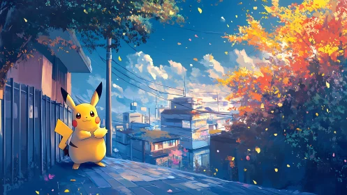Pikachu enjoys a glowing autumn sunset above a quiet town