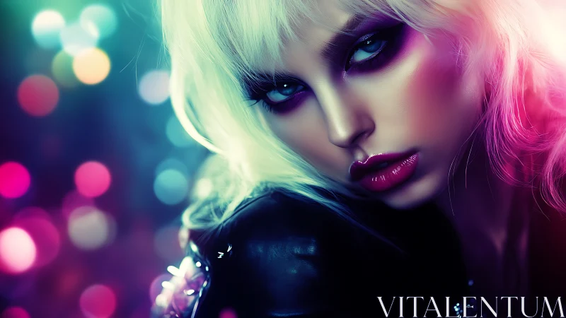 Neon portrait of woman with intense makeup at night club.