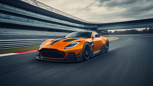 Orange supercar powers through modern racetrack curve