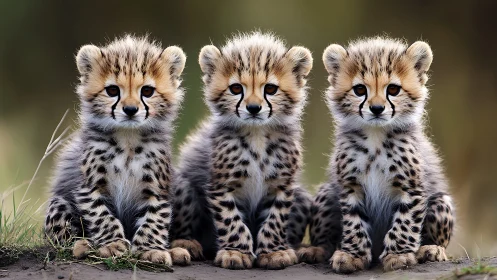 Three Young Cheetahs Seated on Ground Surface.