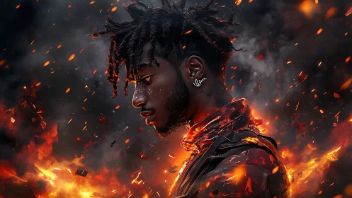 Profile portrait of warrior emerging from swirling firestorm