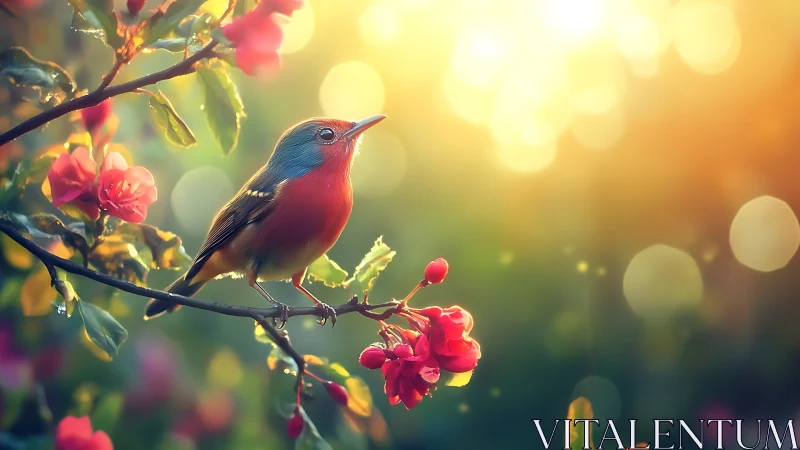 Vibrant songbird perched on blooming branch in sunlit bokeh style.