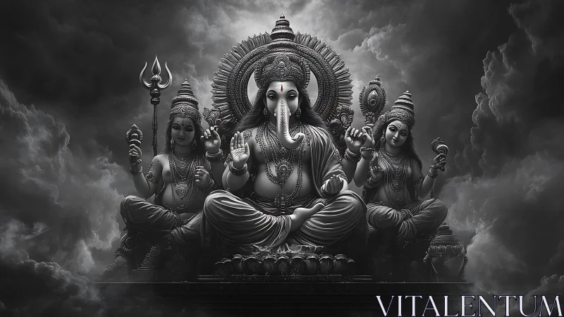 Divine triad of deities seated in dramatic storm clouds.