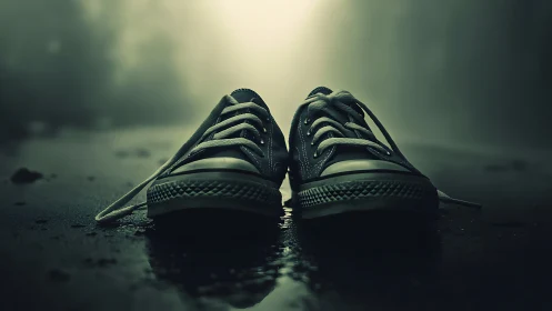 Abandoned sneakers on wet asphalt under moody volumetric backlight