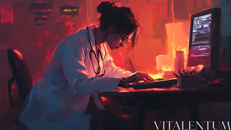 Late-night healer coding hope under neon monitor glow.