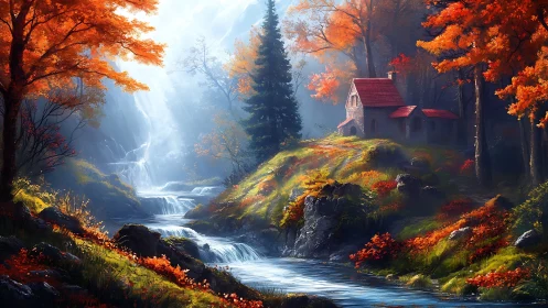 Radiant autumn ravine with cascades and red-roofed stone cabin.