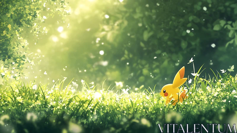 Yellow creature in sunlit meadow with surrounding foliage.