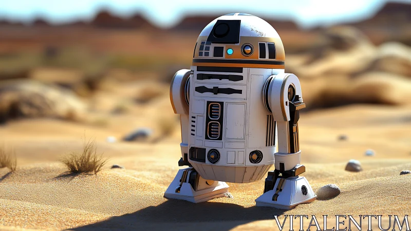 Desert rover droid pauses mid-quest beneath twin suns