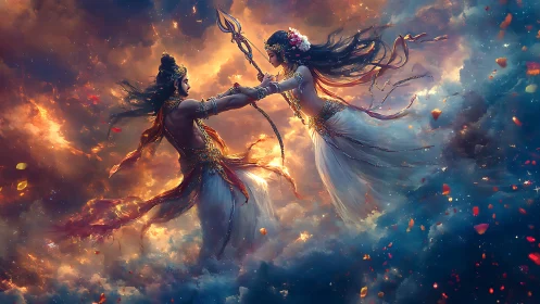 Mythic dual figures in luminous atmospheric cloud vortex.