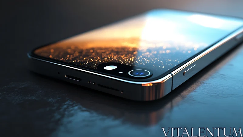 Sleek smartphone on reflective surface with glowing screen.