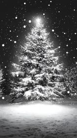 Star-crowned winter tree glowing in a hush of snowfall.