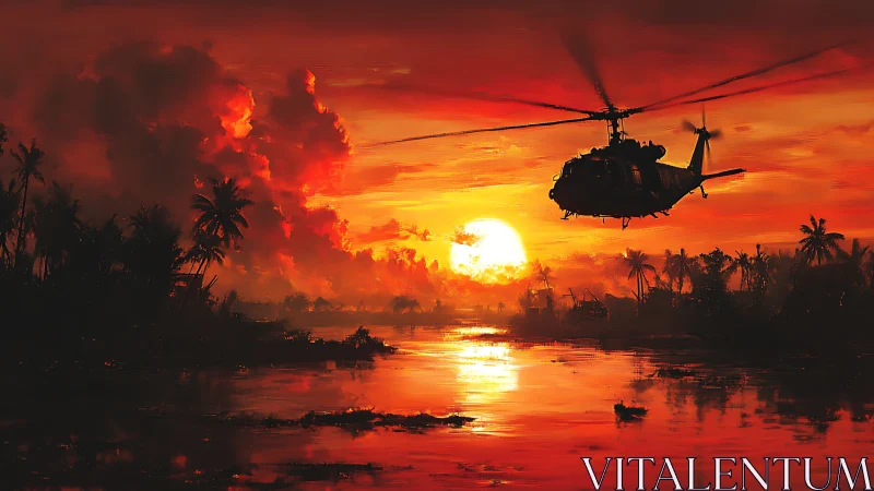 Helicopter crossing tropical river under blazing war sunset.