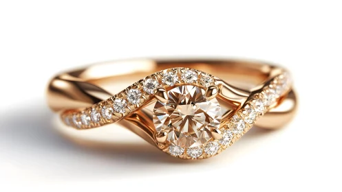 Elegant rose gold diamond engagement ring in modern swirl design.