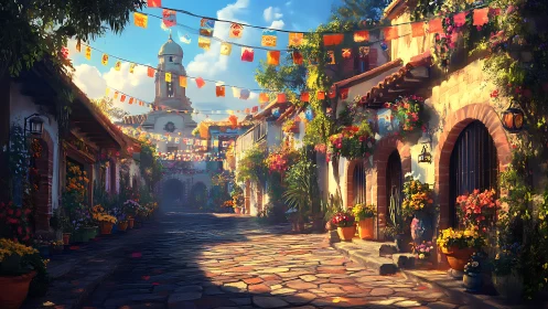 Sunlit Mexican street glows with flowers and festive banners