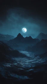 Moonlit mountainous seascape under dark overcast sky.