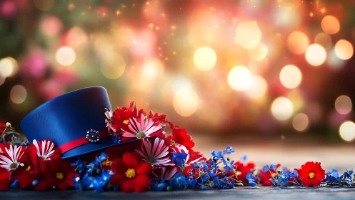 Photorealistic blue hat with patriotic floral bokeh backdrop.