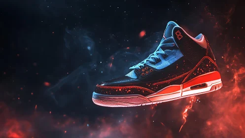 Futuristic neon sneaker floats in cosmic firestorm clouds.