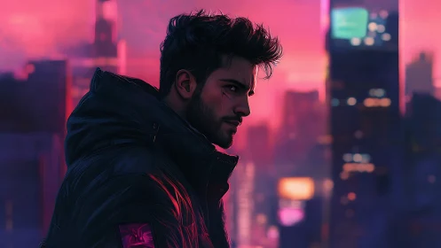 Brooding cyberpunk drifter against neon city sunset skyline.