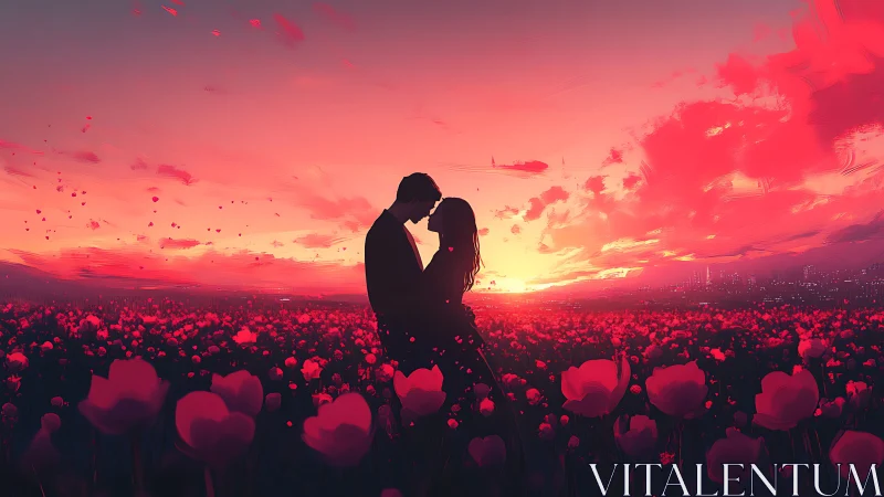 Couple at sunset in field of red flowers.