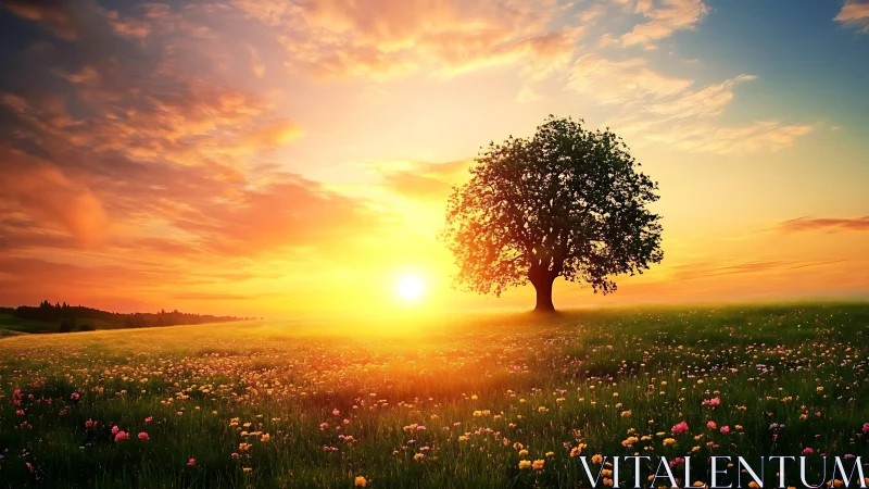Sunrise crowns a lone meadow tree with molten gold light
