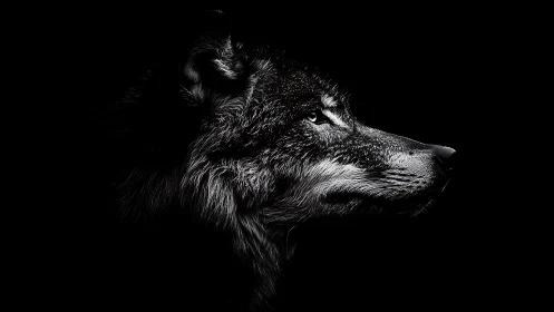 Wolf profile emerges from darkness in dramatic monochrome.