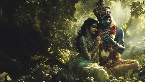 Digital painting of divine couple in luminous forest setting.