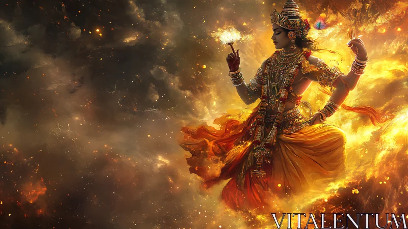 Divine dancer rises through blazing cosmic firestorm