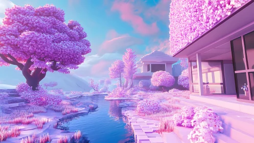 Residential stream landscape in stylized pink environment.