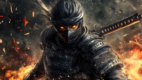 Armored shadow ninja amid combustion plume dynamics.