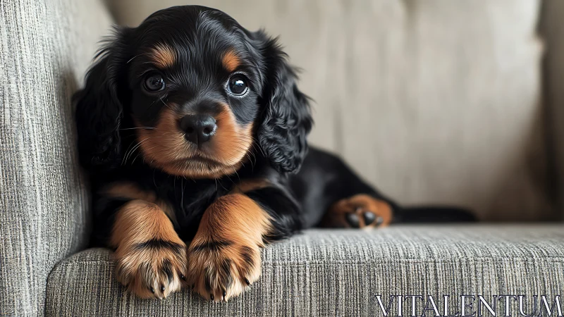 Black and tan puppy rests on textured gray sofa surface.