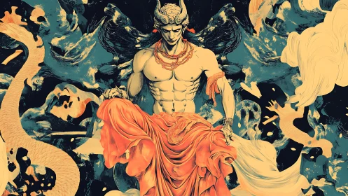 Mythic winged deity amid swirling celestial dragons.