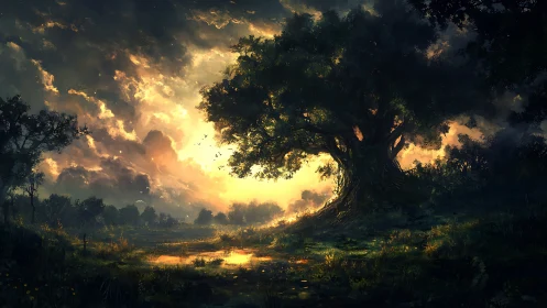 Sunlit tree dominates moody wetland under dramatic clouds