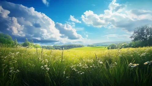Sunlit wildflower meadow stretches under towering summer clouds