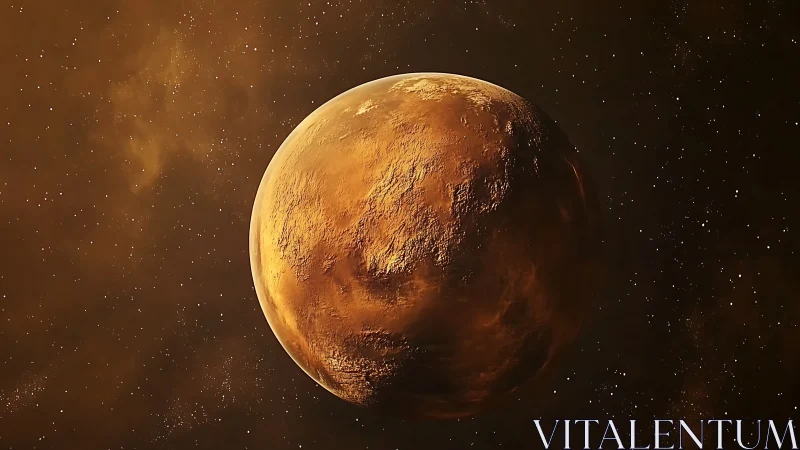 Rust-colored rocky planet in sparse starfield backdrop.