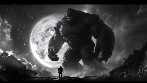 Titanic gorilla silhouette against colossal lunar backlight.