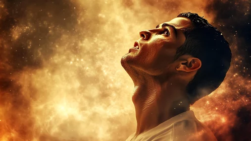 Male profile portrait faces upward against glowing nebula